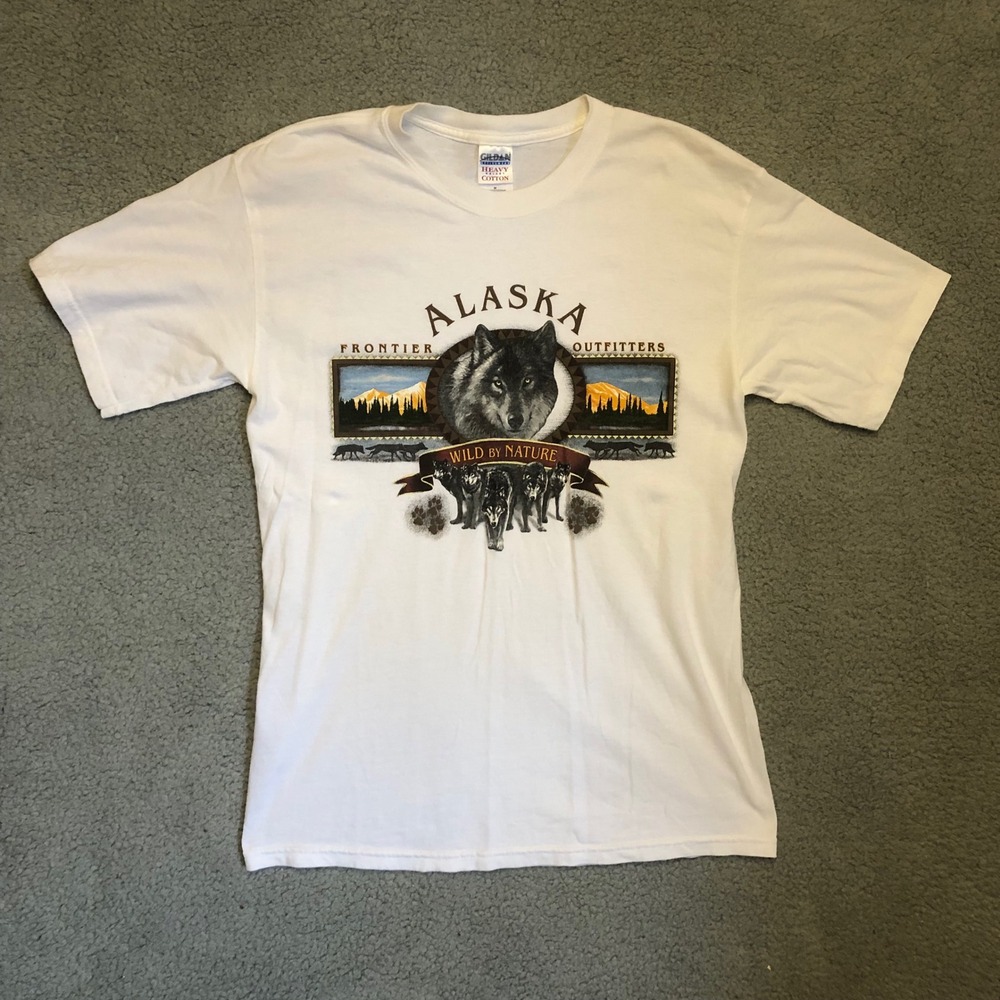 Vtg Alaska Frontier Outfitters Wolf Graphic T-Shirt White Mens Medium Nature